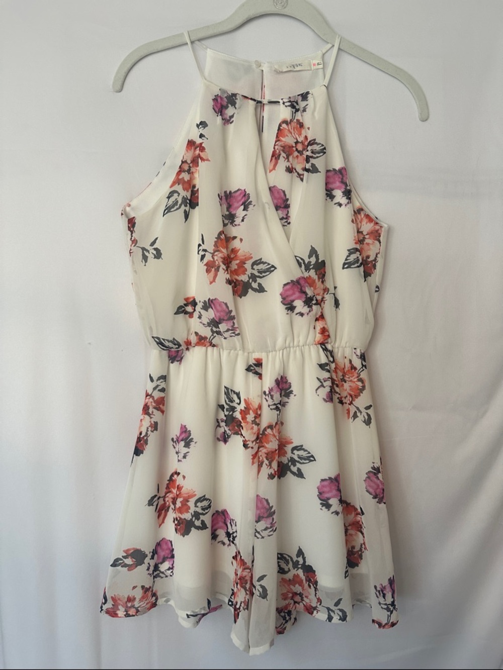 Lush Ivory Halter Romper with Pink and Coral Floral Print